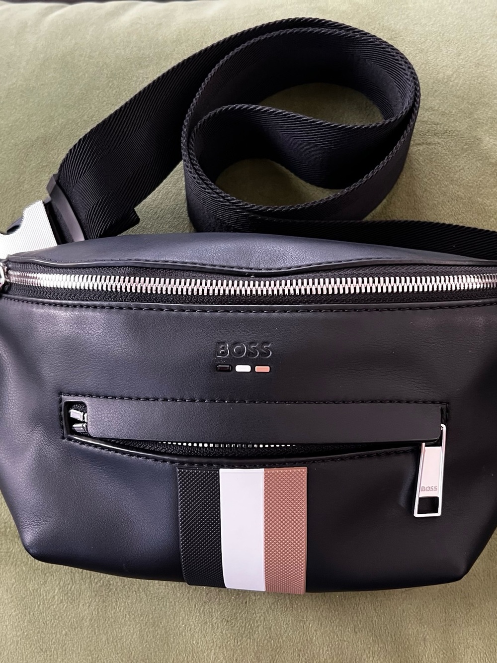 BOSS Black Leather Belt Bag with Tricolor Accent